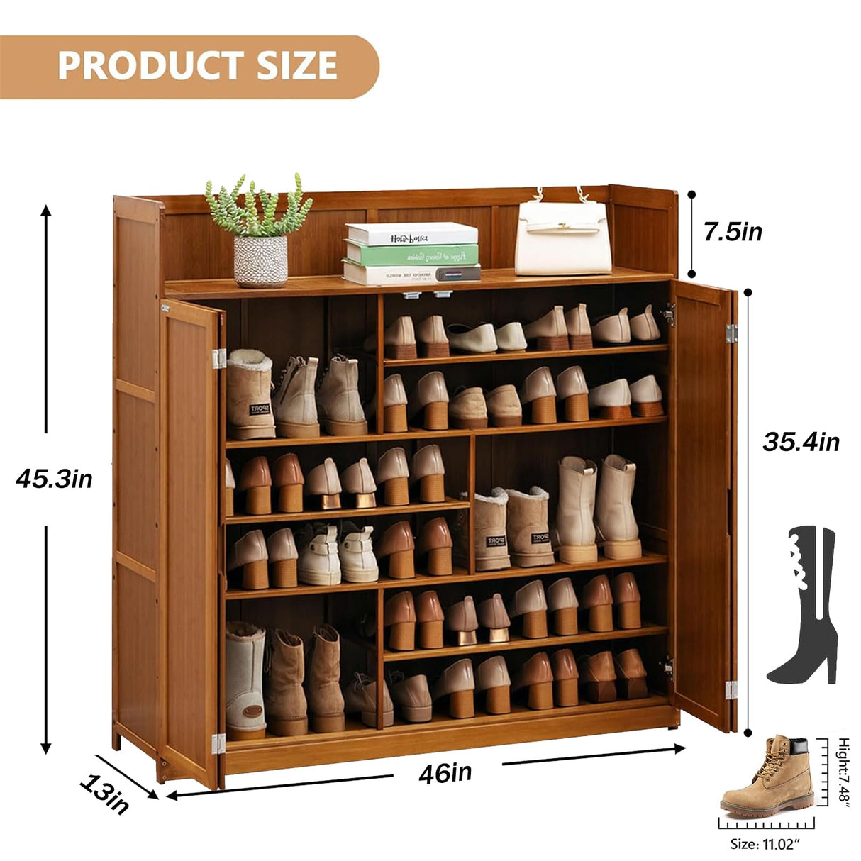 Shoe Cabinet, Bamboo Shoe Storage Cabinet with Doors, 7 Tier Freestanding Shoes Heels Sneakers Shoe Rack Shelf for 36-40 Pairs, Entryway Shoe Cabinet with Drawers for Hallway Office Living Room sasygfi