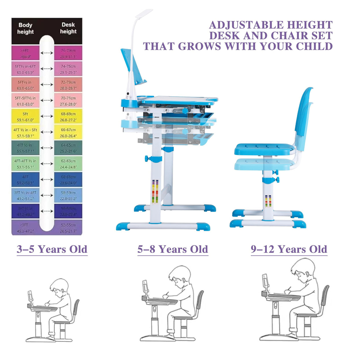UNICOO® Kids Study Table and Chair Set, Height Adjustable Kids Art Desk, Ergonomic Study Desk for Kids, w/LED Lamp, Tilt Desktop, Pull Out Drawer - Kids Table and Chairs, Toddler Table and Chair Set UNICOO