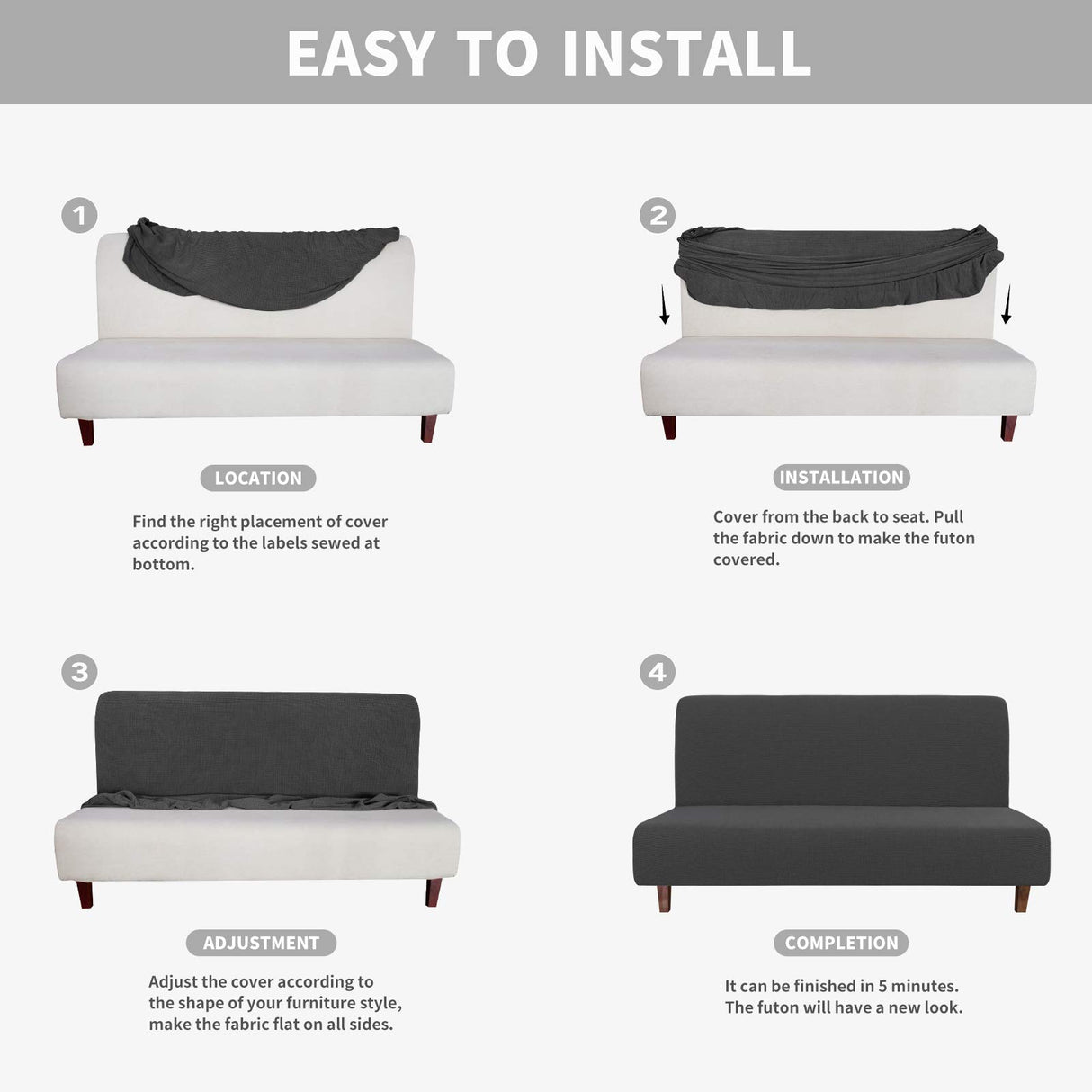 Easy-Going 100% Waterproof Armless Sofa Cover for Futon Couch, Stretch Jacquard Leakproof Furniture Protector for Kids, Pets, Dog and Cat (Dark Gray) Easy-Going