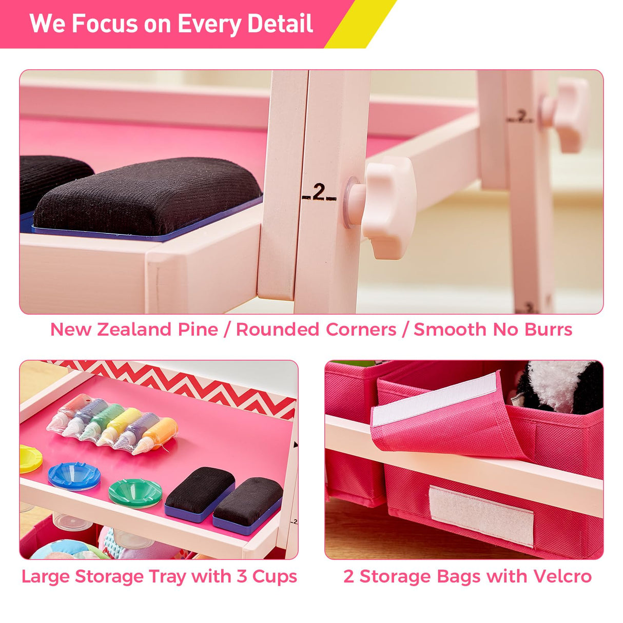 FUNLIO Kids Art Easel, 3 Height Adjustable for Kids Aged 2-8, Toddler Easel with Paper Roll, Anti-Warp & Magnetic Chalkboard/Whiteboard, All-in-One Standing Easel with Erasable Frame (Pink) FUNLIO