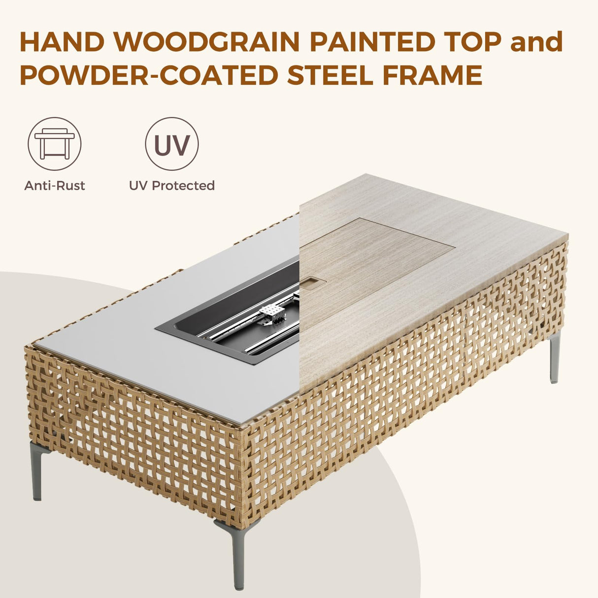 Grand patio 15-Piece Patio Furniture Set with 47" Fire Pit Table, Outdoor Conversation Set & 50,000 BTU 47 Inch Rectangle Propane Fire Pit & Storage Box with Water Resistant Thick Cushions, Cream Grand patio