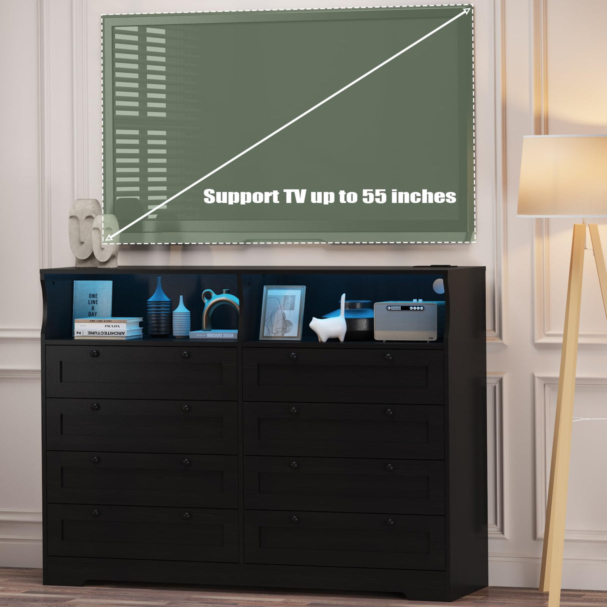 Black Dresser for Bedroom with 8 Drawers, 55 Inch Tall Wood Bedroom Dresser with Charging Station & LED Lights, Large Modern Dressers & Chest of Drawers for Bedrooms, Living Room, Hallway, Entryway Patikuin