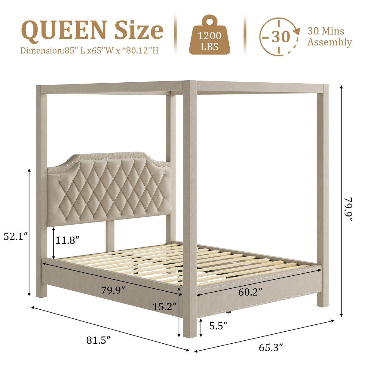 GAOMON Queen Canopy Bed Frame with Upholstered Headboard, Four Poster Design, Button Tufted, and Slide Rail, No Box Spring Required, Wooden Slatted Structure, Beige GAOMON