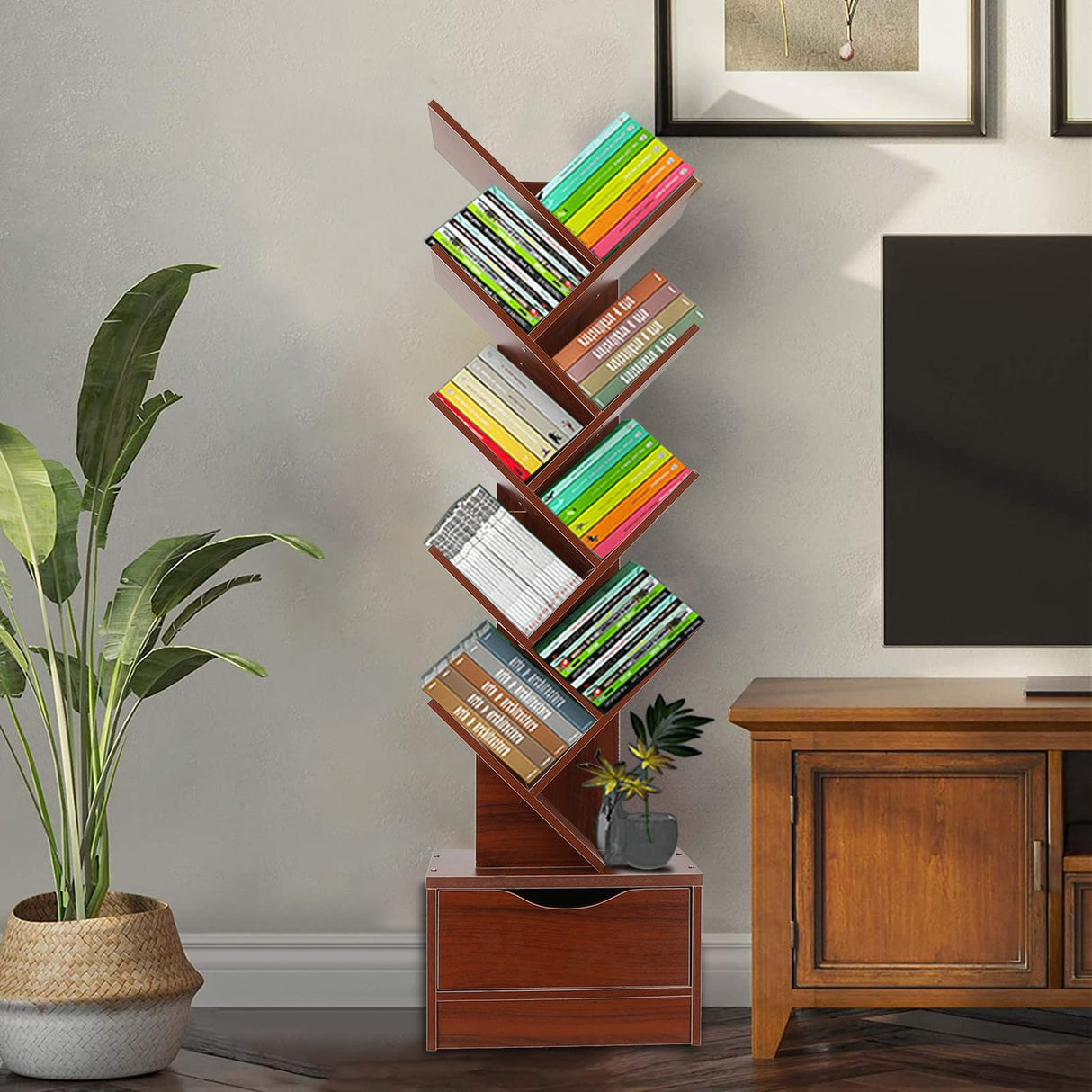 Hesitroad Tree Bookshelf,9 Tiers Bookshelf with Drawer,Retro Floor Standing Bookcase,Tall Wood Book Storage Rack for CDs/Movies/Books,Utility Book Organizer Shelves for Bedroom, Living Room, Home Off Hesitroad