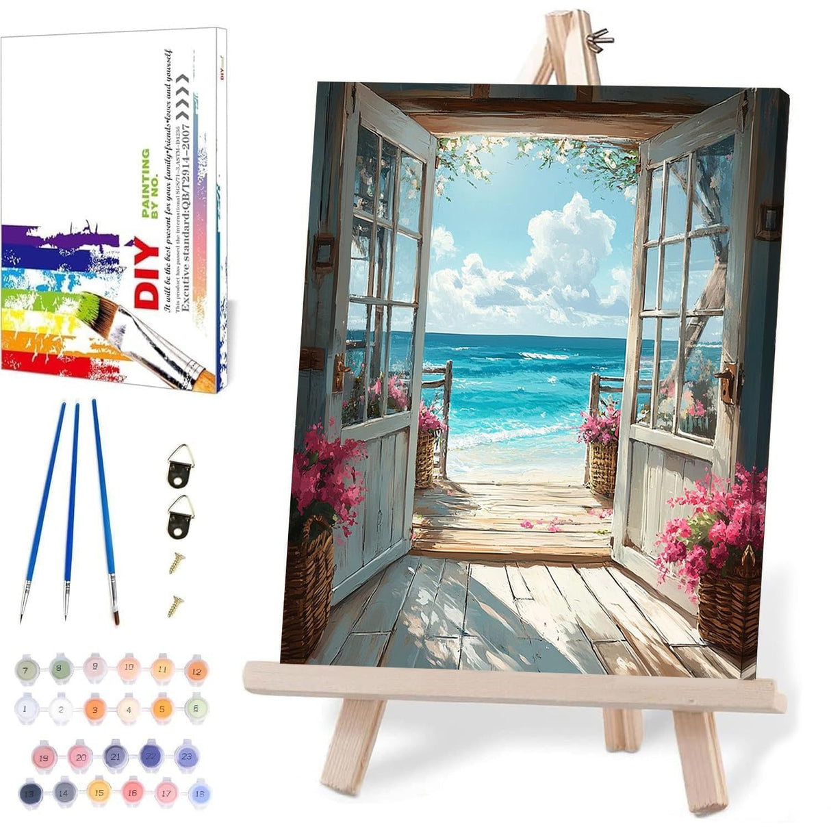 DIY Scenery Paint by Numbers Kit for Adults with Framed Canvas,Landscape Beach Digital Oil Painting Kit for Beginners,Acrylic Paint by Number Kits with Wooden Easel for Holiday Gifts 12X16 Inch. MIRCVSH