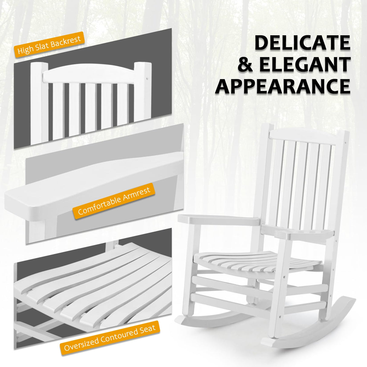 Hupmad Wooden Rocking Chair Rocker Outdoor Oversized Porch Rocker Chair,Patio Wooden Rocker with High Back and Armrest,All Weather Rocker Slatted for Backyard,Garden,400 lbs Support,White Hupmad