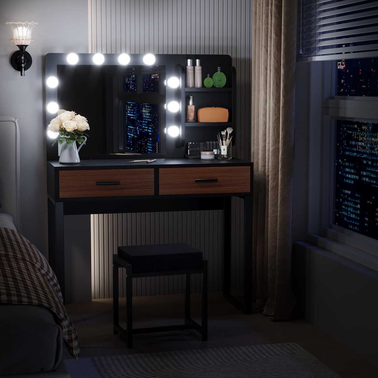 Semiocthome Vanity Desk with Mirror and 10 LED Lights, 39.4"W Makeup Desk with 2 Big Drawers and Side Shelves for Storage, Girl's Dressing Table with Metal Frame, Corner Makeup Table with Chair- Brown Semiocthome