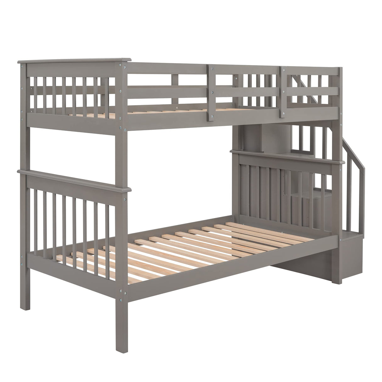 Harper & Bright Designs Twin Over Twin Bunk Bed with Stairs, Solid Wood Bunk Bed Frame with Storage and Guard Rail for Bedroom, Dorm, for Kids, Teens, Adults (Gray) Harper & Bright Designs