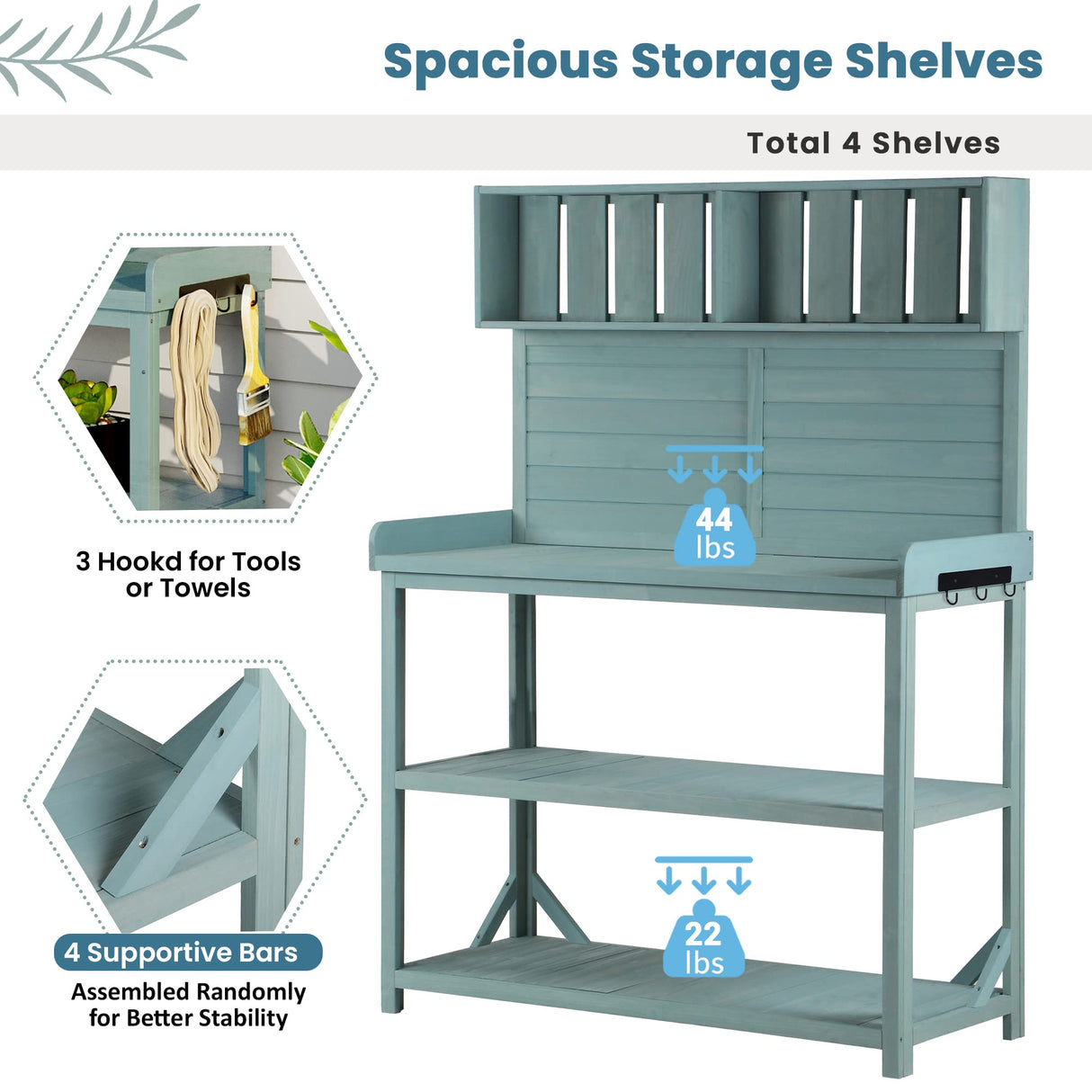 Potting Bench Table with 4 Storage Shelves and Side Hook, Polibi 65" Large Wooden Farmhouse Rustic Outdoor Patio Workstation, Garden Potting Bench with Splash Plate Polibi