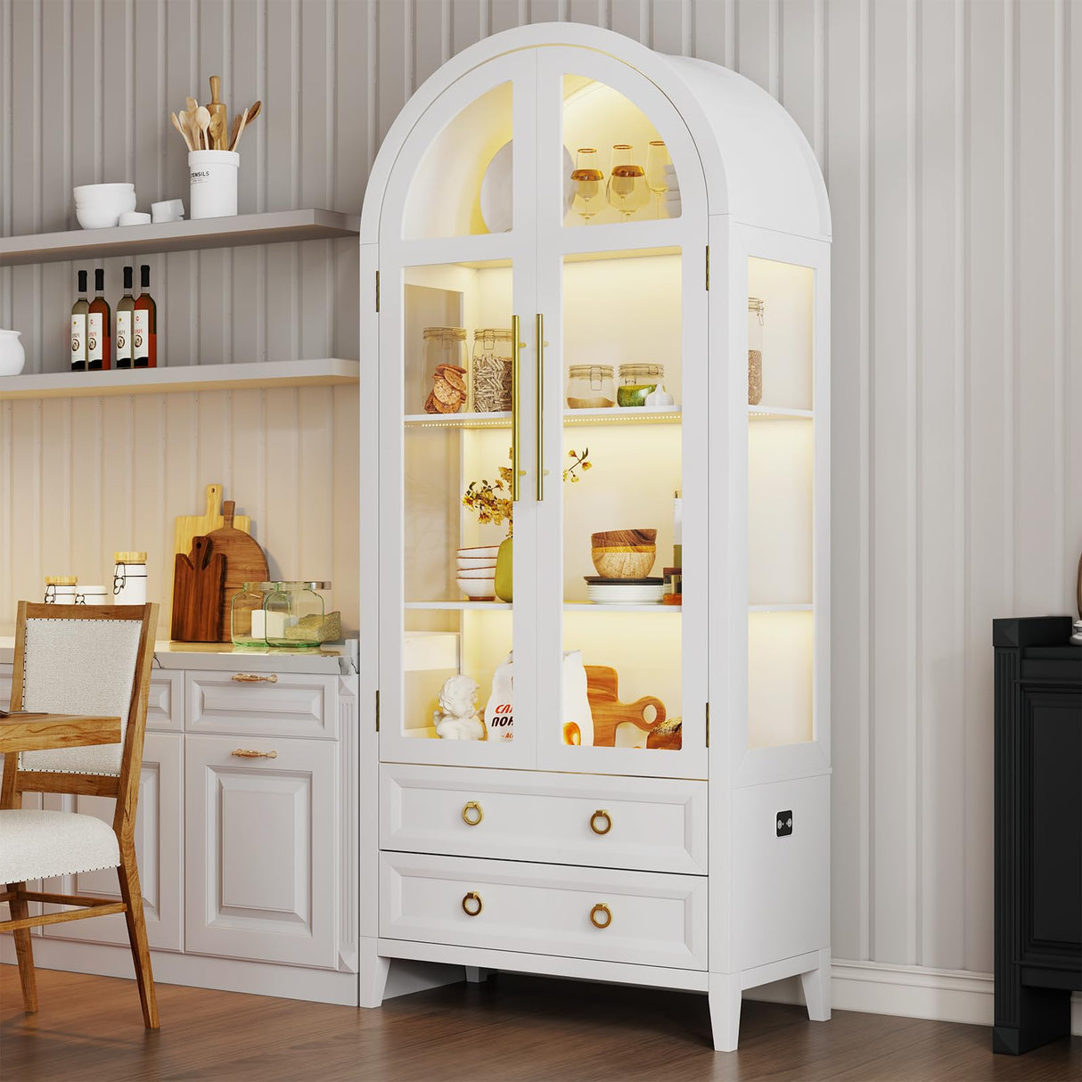 EOAWE Arched Curio Cabinet with Glass Doors, 4-Tier Display Cabinet with 2 Drawers, Tall Bookcase with 3 Color Lights, Display Case, Kitchen Pantry (White) EOAWE
