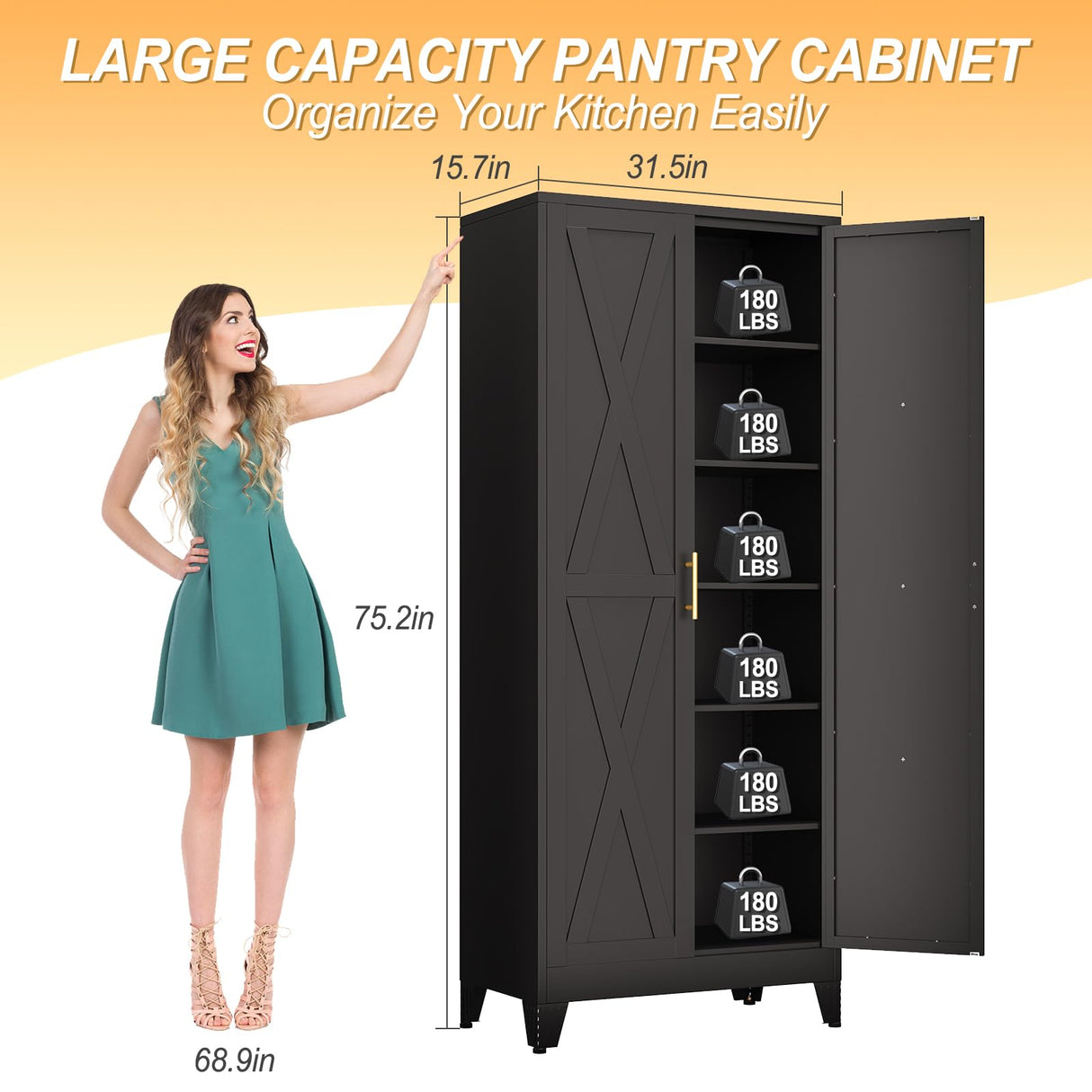 Lusiwry 75" Tall Metal Kitchen Pantry Storage Cabinet, Freestanding Cupboard with 2 Doors and 5 Adjustable Shelves, Standing Storage for Kitchen, Bathroom, Garage, Dinning Room or Utility Room(Black) Lusiwry