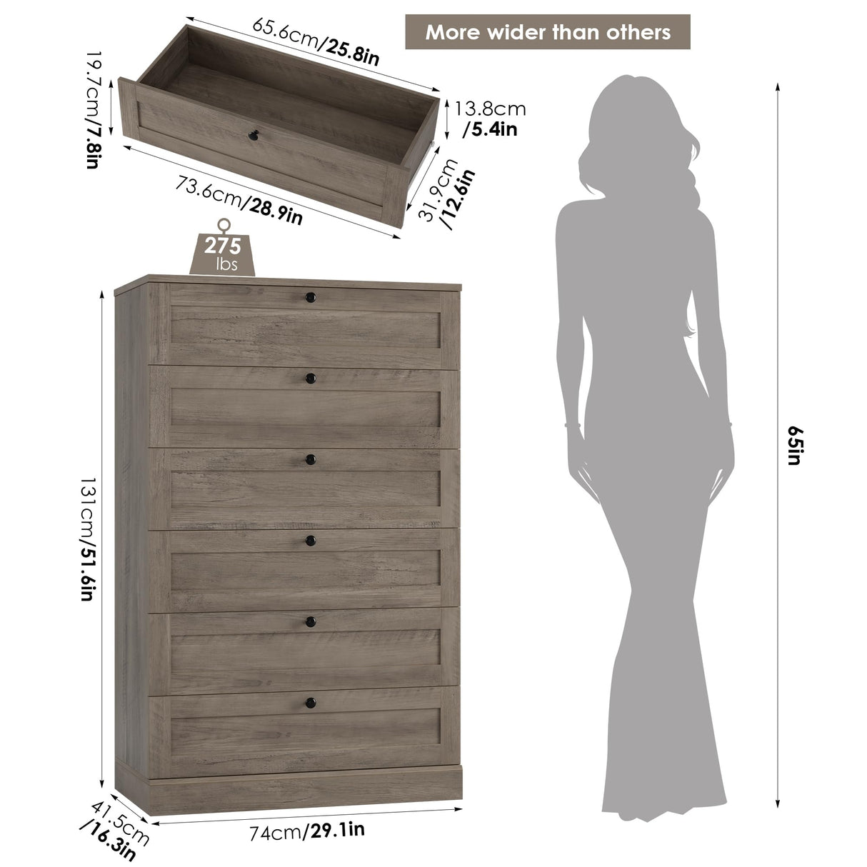 HOSTACK 6 Drawer Dresser for Bedroom, 52" Tall Dresser & Chest of Drawers, 29" W Wood Dresser Drawer Chest, Modern Vertical Dresser Storage Cabinet for Living Room, Entryway, Hallway HOSTACK