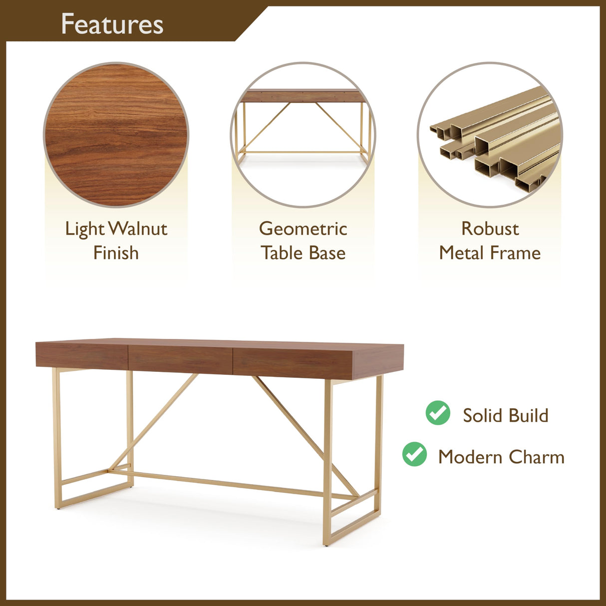 Homes: Inside + Out Lizon Modern 60 Inch Wood Desk With Drawers, Office Table With Storage, Vanity Without Mirror For Bedroom, Study Room, Dorm, Light Walnut Brown & Gold HOMES: INSIDE + OUT