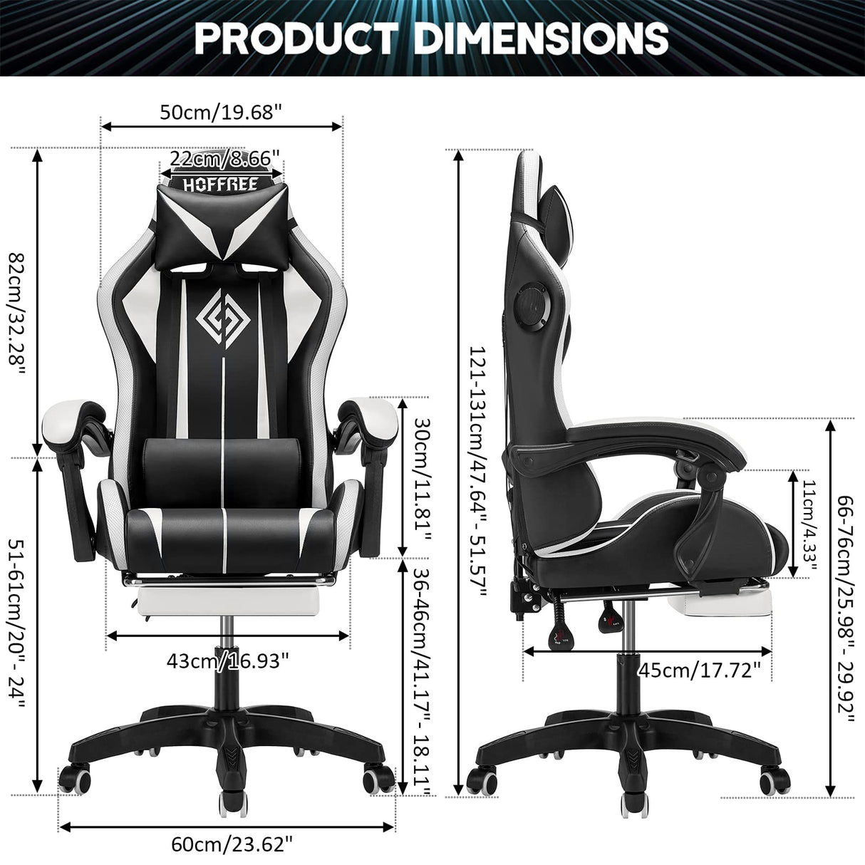 Gaming Chair with Speakers and Lights Ergonomic Computer Gaming Chair with Footrest LED RGB Lights Massage High Back Music Video Game Chair with Lumbar Support White and Black VANSPACE
