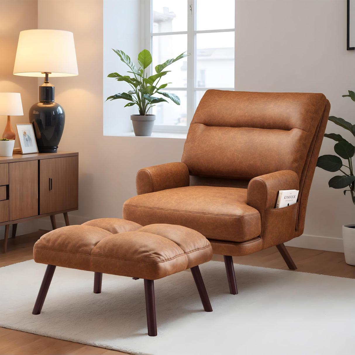 ovios Indoor Reclining Chair with Ottoman, Accent Reading Chairs with Footrest Side Pocket, Modern Comfy Lounge Recliner for Living Room Bedroom, Faux Suede Leather, Brown ovios