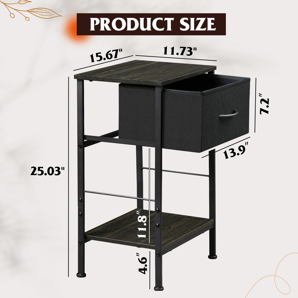 WLIVE Night Stand Set 2, Black Nightstand with Fabric Storage Drawer and Open Wood Shelf, Nightstand Set of 2 with Steel Frame, Side Table for Bedroom, Dorm, Charcoal Black, 25.03" Height WLIVE