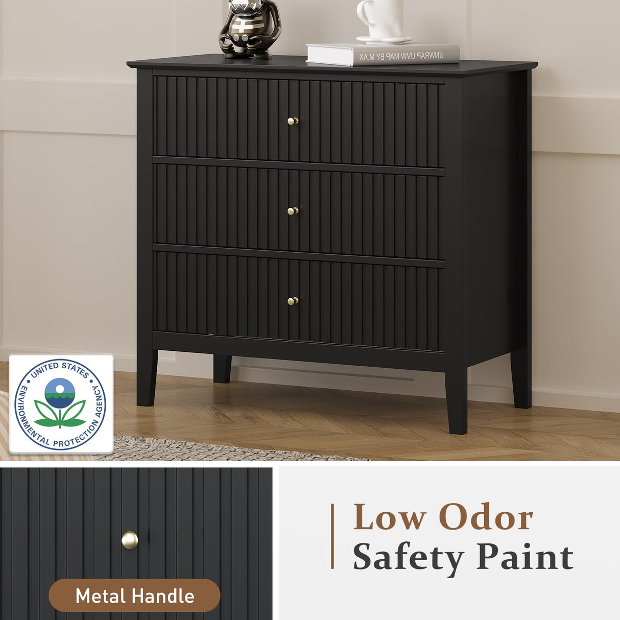 RoyalCraft 3 Drawer Dresser Set of 2, Fluted Chest of Drawers with Storage, Modern Painted 30 inch Tall Nightstand for Bedroom Living Room Entryway, Black RoyalCraft