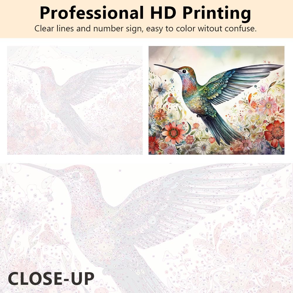 Hummingbird Paint by Numbers Kit for Adults Beginners, DIY Animals Acrylic Paint by Numbers Kits on Canvas, Blooming Flowers Oil Painting for Adults Home Wall Decor 16"x20"(Frameless) TUMOVO