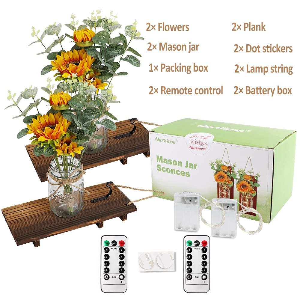 OurWarm Sunflower Wall Sconces Set of Two, Mason Jar Sconces Farmhouse Wall Decor Comes with Remote Control and Warm Toned LED Lights, Rustic Sunflower Decor for Home Kitchen Dining Room Living Room OurWarm