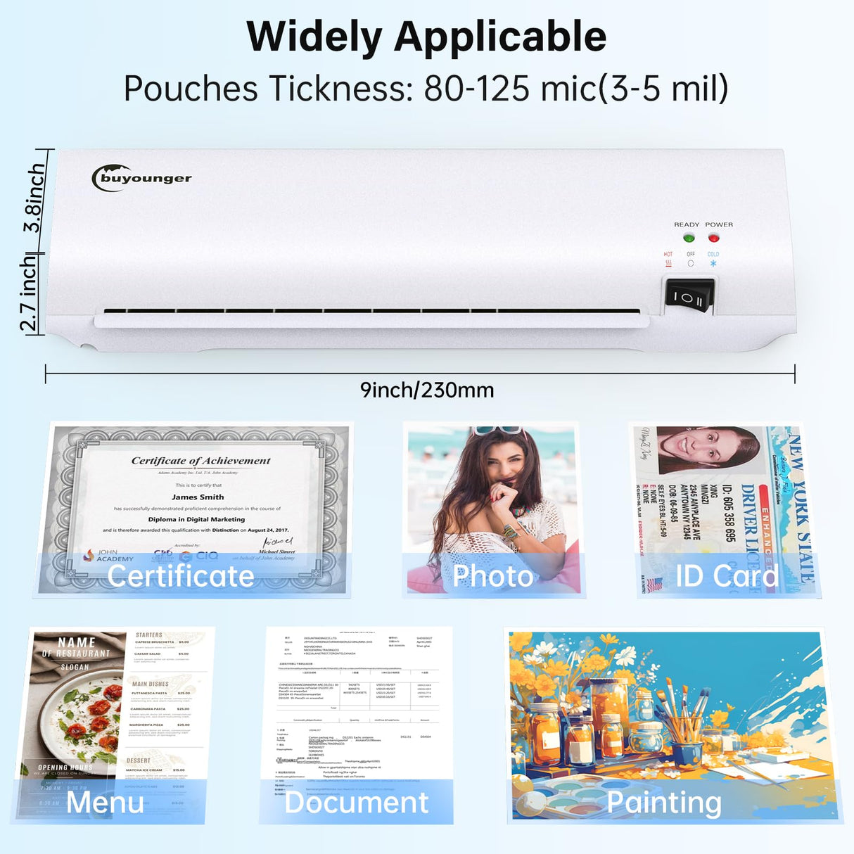 Buyounger Laminator Machine with 10 Laminating Sheets, 9 Inch Laminator Hot & Cold for A4/A5/A6, Thermal Laminating Machine for Home School Office Buyounger