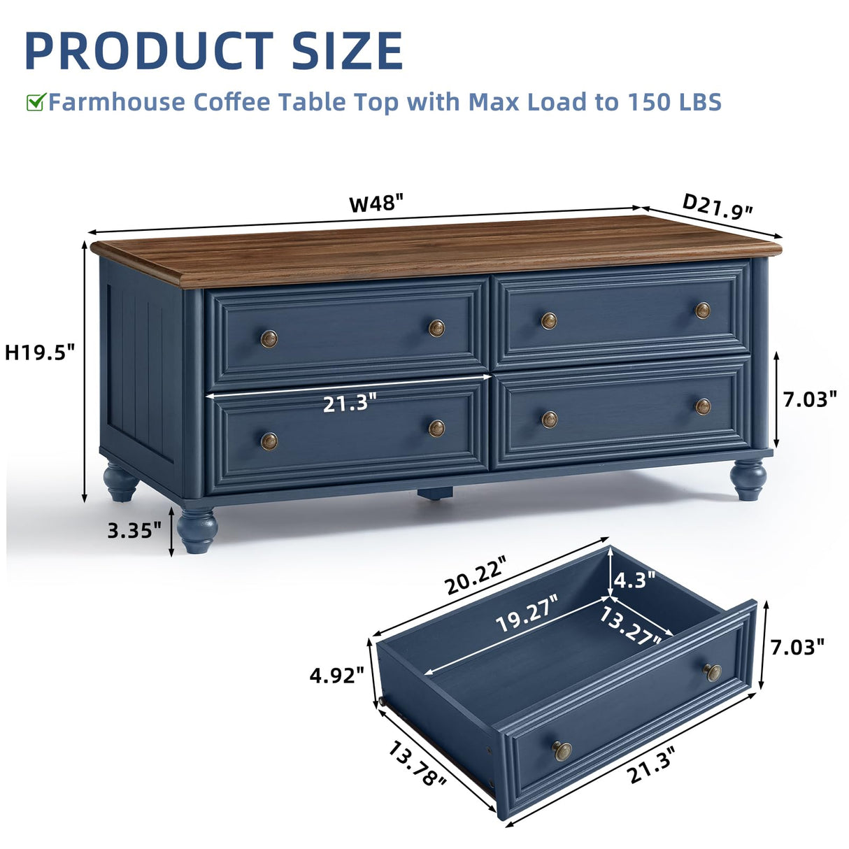 RWYHG 48" Farmhouse Coffee Table with Hidden Storage,Wooden Coffee Tables with 4 Drawers & Roman Column Handle,Rectangular Rustic Center Table with Solid Wood Curved Legs for Living Room,Office,Blue RWYHG