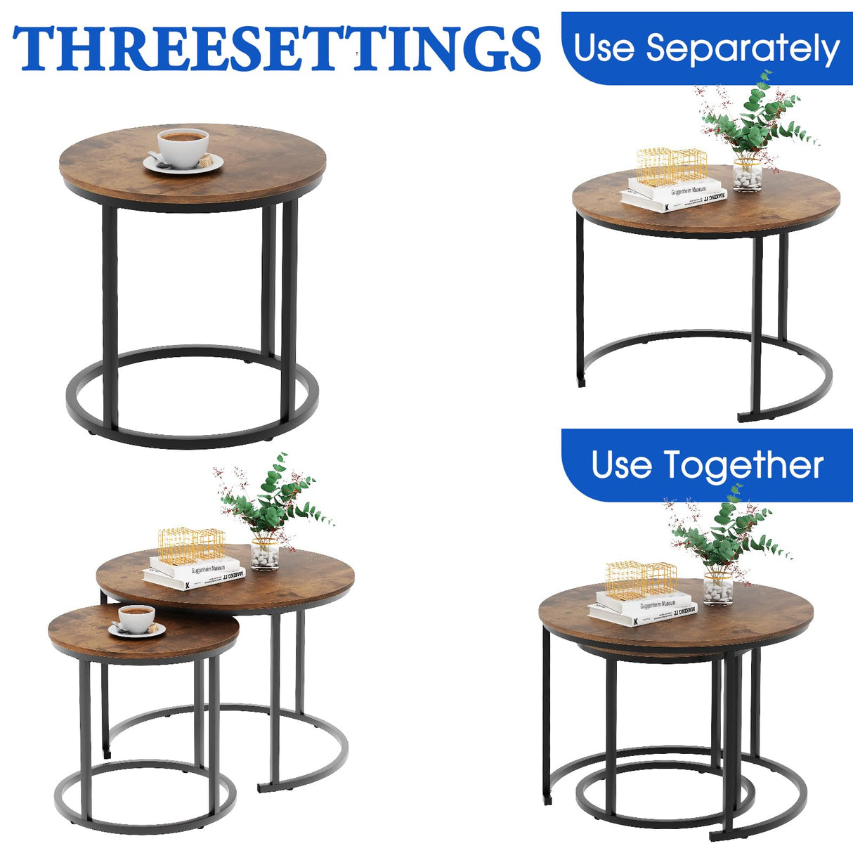 aboxoo Coffee Table Nesting Round Table Set of 2 Side Table with Sturdy Metal Frame for Living Room Bedroom Apartment Modern Industrial Simple Nightstand,Rustic Brown aboxoo