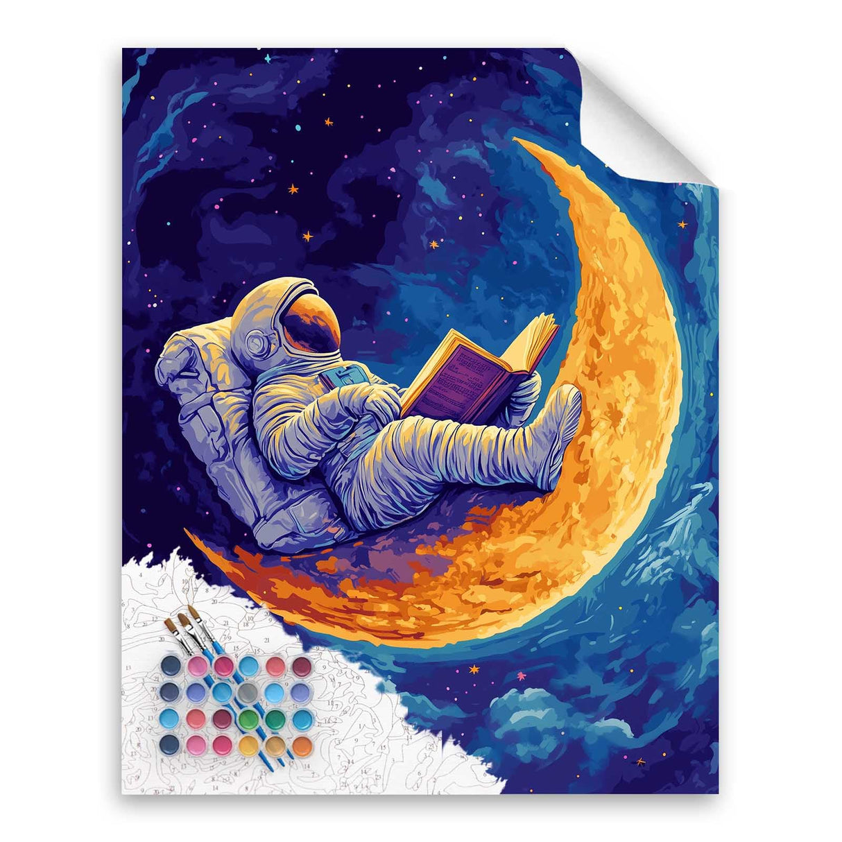 Cawpom Space Paint by Numbers Kit for Adults, Space Astronaut Paint by Number, Crescent Moon Wall Art, Astronaut Read Book Acrylic Painting, Fantasy Poster Home Wall Decor(16x20inch, No Frame) Cawpom
