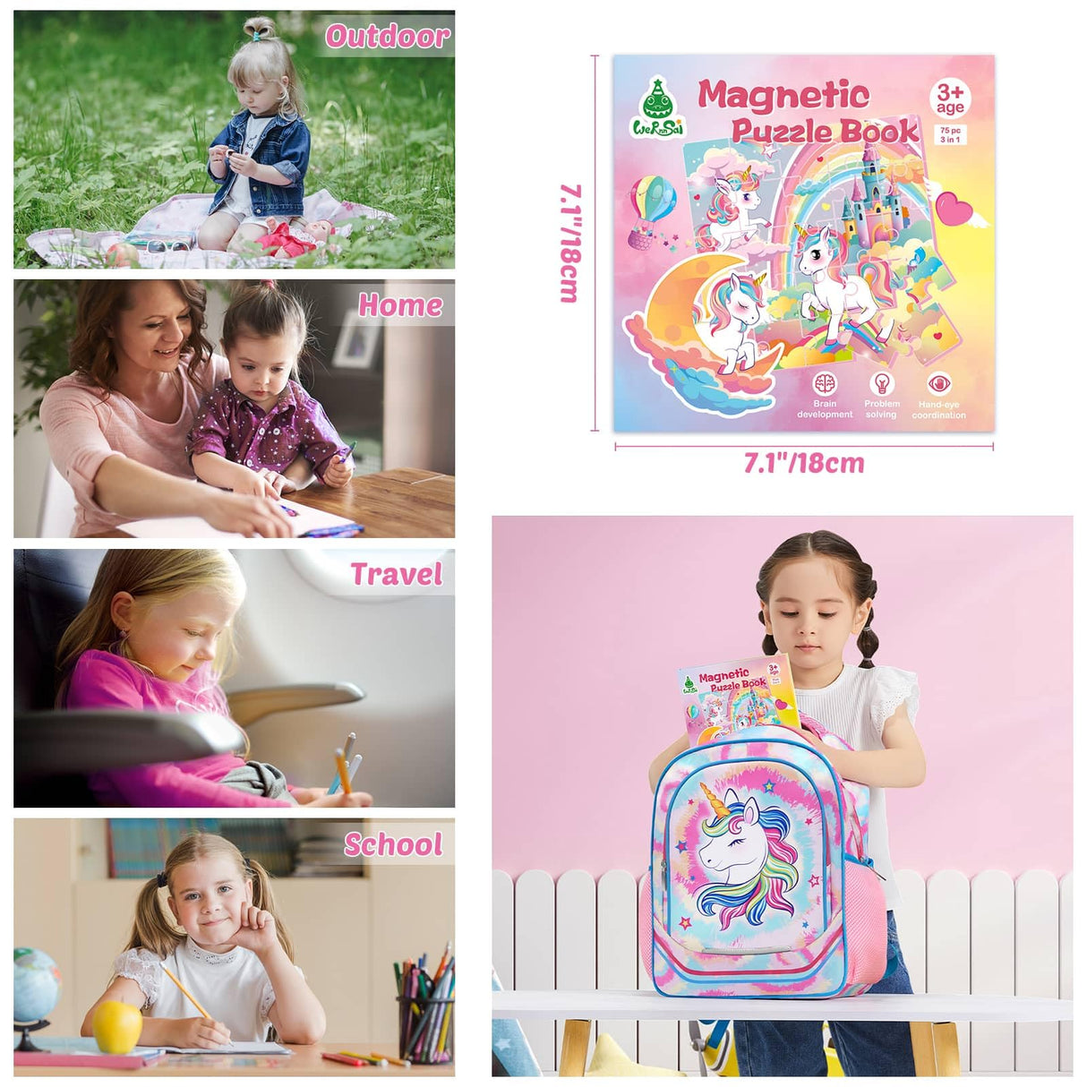 Unicorn Magnetic Puzzle for Kids 3-5, 75 pcs Magnetic Travel Puzzles Games for Toddlers Ages 3-8 Car Plane Road Trip Activities 3 in 1 Toys Gift for Girls WERNNSAI