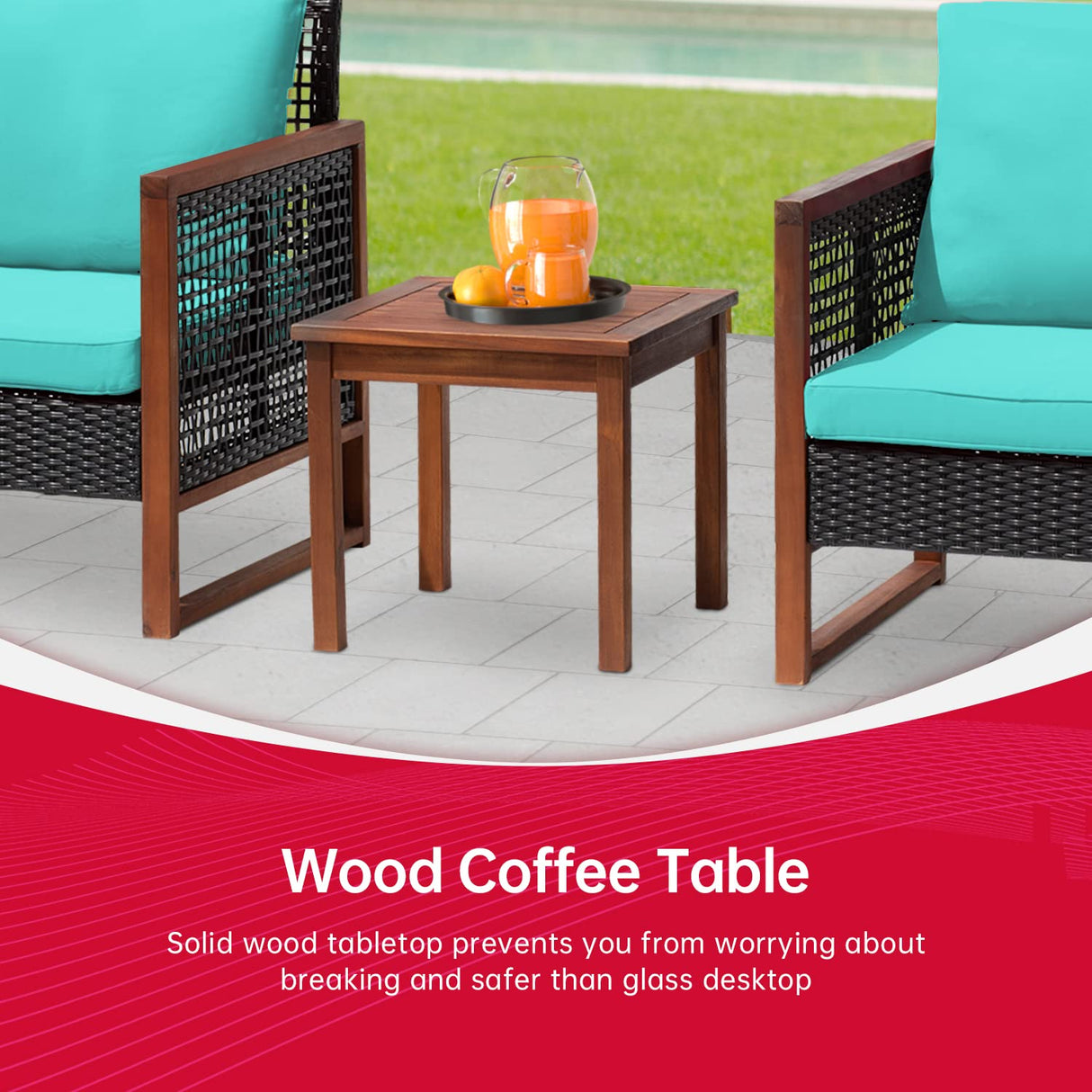 FDW 3-Piece Patio Bistro Set Acacia Wood Outdoor Chat Conversation Table Chair Set Outdoor Wood Chat Set with Water Resistant Cushions and Coffee Table for Beach Backyard Garden,Blue Cushion FDW
