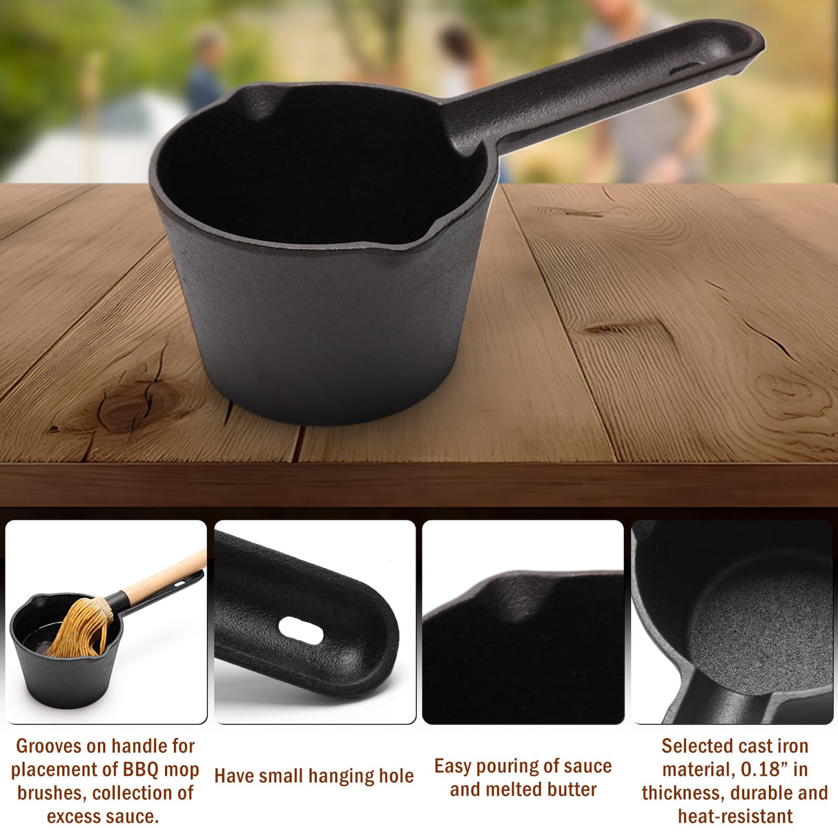 Zhaoyao BBQ Mop Brushes for Sauce and Cast Iron Sauce Pot for Grilling, 2PCS Wooden Handle Mop Brushes 18+11 Inch with 4PCS Replacement Silicone BBQ Basting Brush for Cooking Grill Spatula Zhaoyao