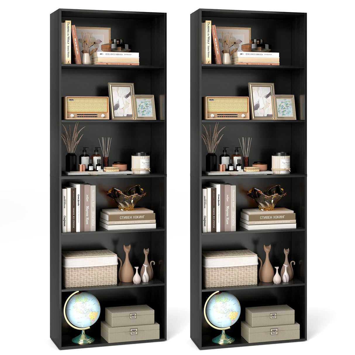 Tangkula 6-Tier Bookcase Set of 2, 70” Tall Freestanding Bookshelf with 6 Open Shelves, Anti-Toppling Kits, Floor Display Storage Bookcase for Living Room, Study, Kitchen, Home & Office (2, Black) Tangkula