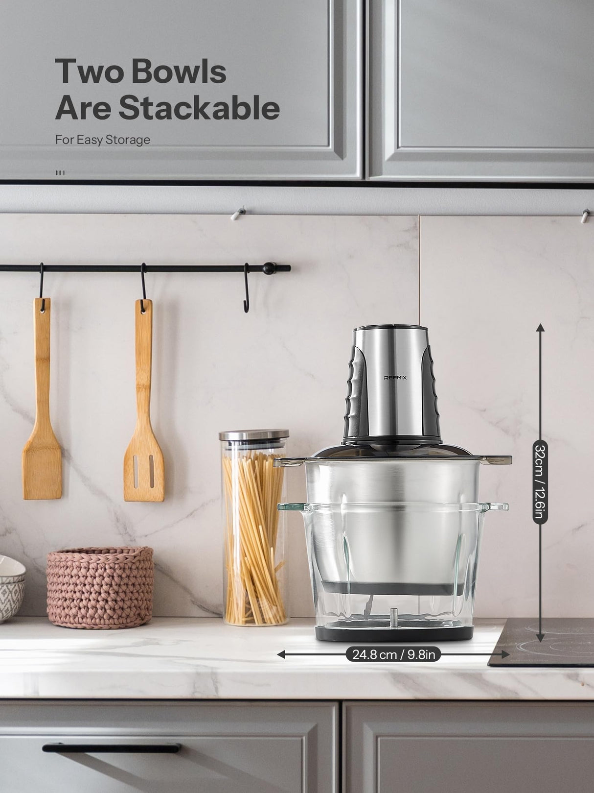 Food Processors with 2 Large Bowls(12 Cup+12 Cup), Reemix Electric Chopper with Powerful 500W Copper Motor, 4 Bi-Level Blades for Fruits, Meat, Vegetables, Baby Food, Nuts, 2 Speeds Reemix