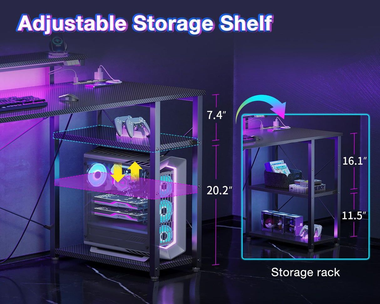 MOTPK Gaming Desk with Led Lights & Power Outlet, 40 Inch Small Gaming Computer Desk with Shelves, Reversible Gamer Desk Table with Adjustable Monitor Stand & Headphone Hook, Carbon Fiber Texture MOTPK