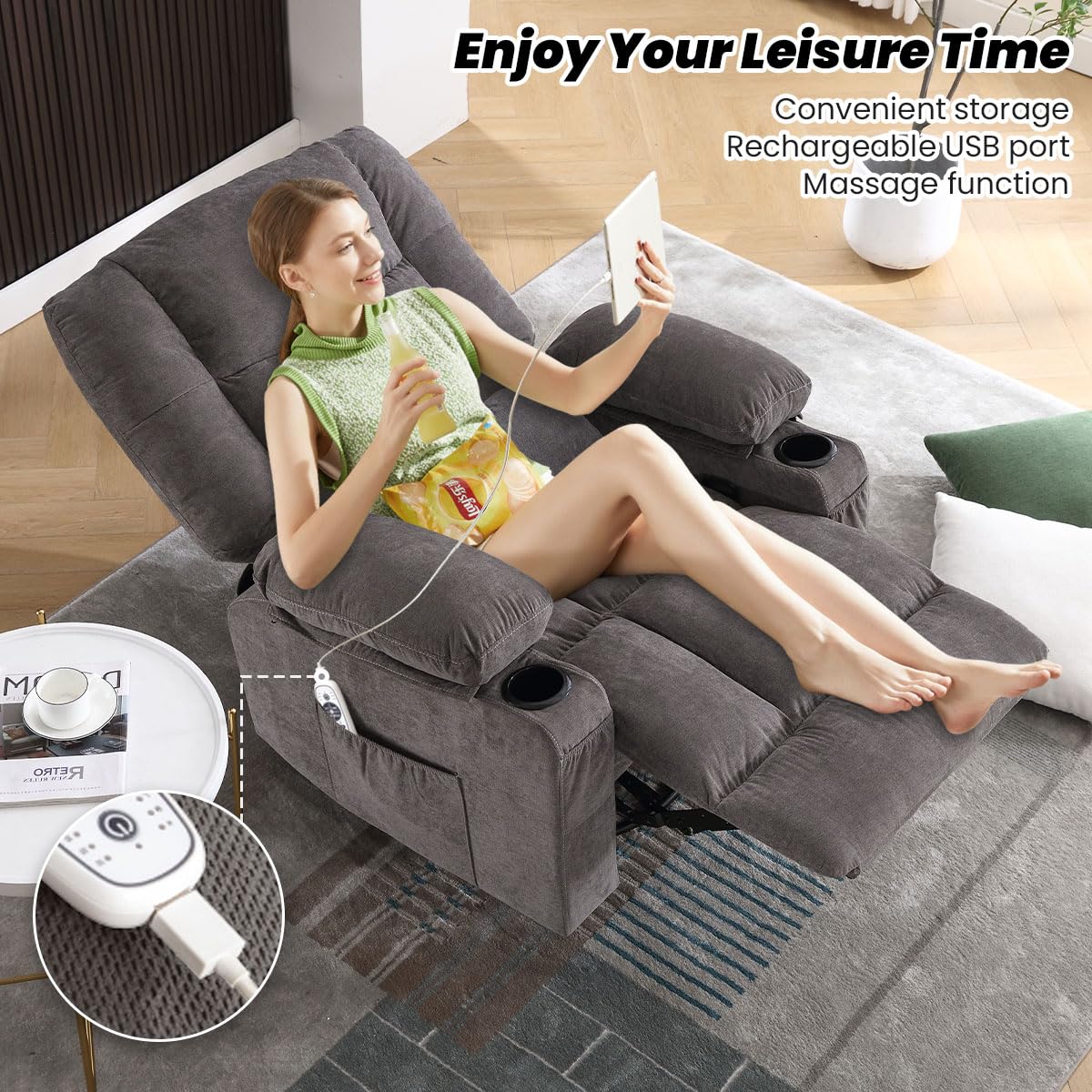 BOSMILLER Oversized Recliner Chair for Adults with Vibration Massage and Lumbar Heating Swivel Rocker Recliner with Cup Holder and USB Charge Port for Living Room BOSMILLER