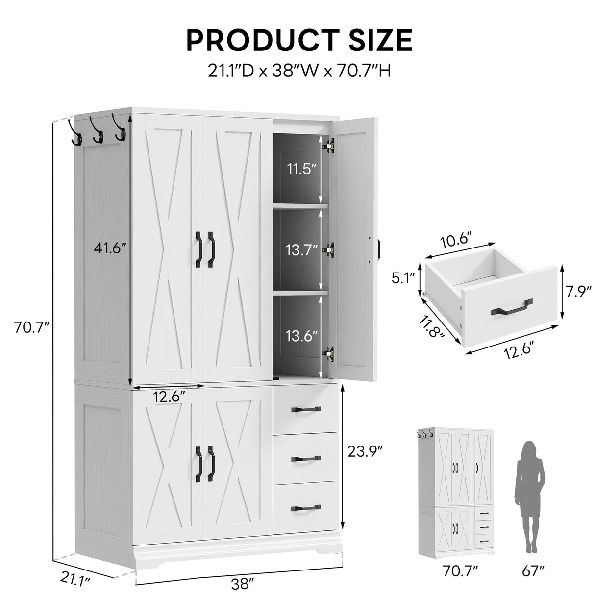 LIKIMIO Wardrobe Closet with 5 Cabinet Doors and 3 Drawers, Large-Capacity Deep Armoire for Bedroom with 3 Side Hooks, Hanging Rod and Anti - tip Kit, White LIKIMIO
