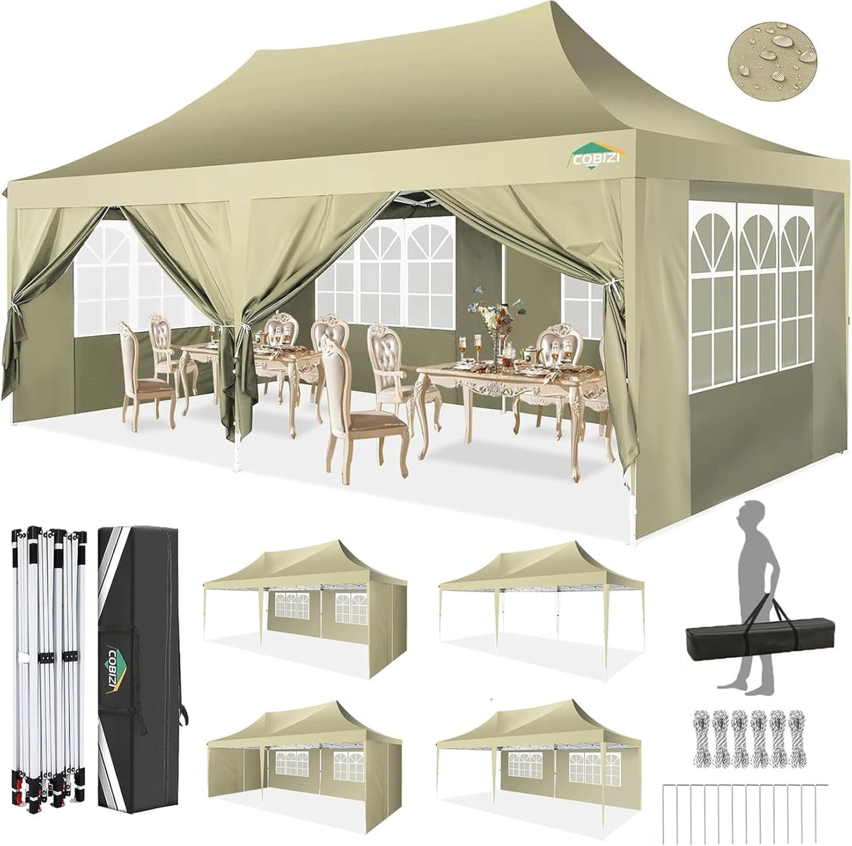 COBIZI 10x20 Pop Up Canopy Tent with Sidewalls,Party Tent Outdoor Gazebos, Waterproof & UV50+,3 Adjustable Heights,Higher Frame Design - Extra Tall for Parties Backyard,Weddings,Markets,(Khaki) COBIZI
