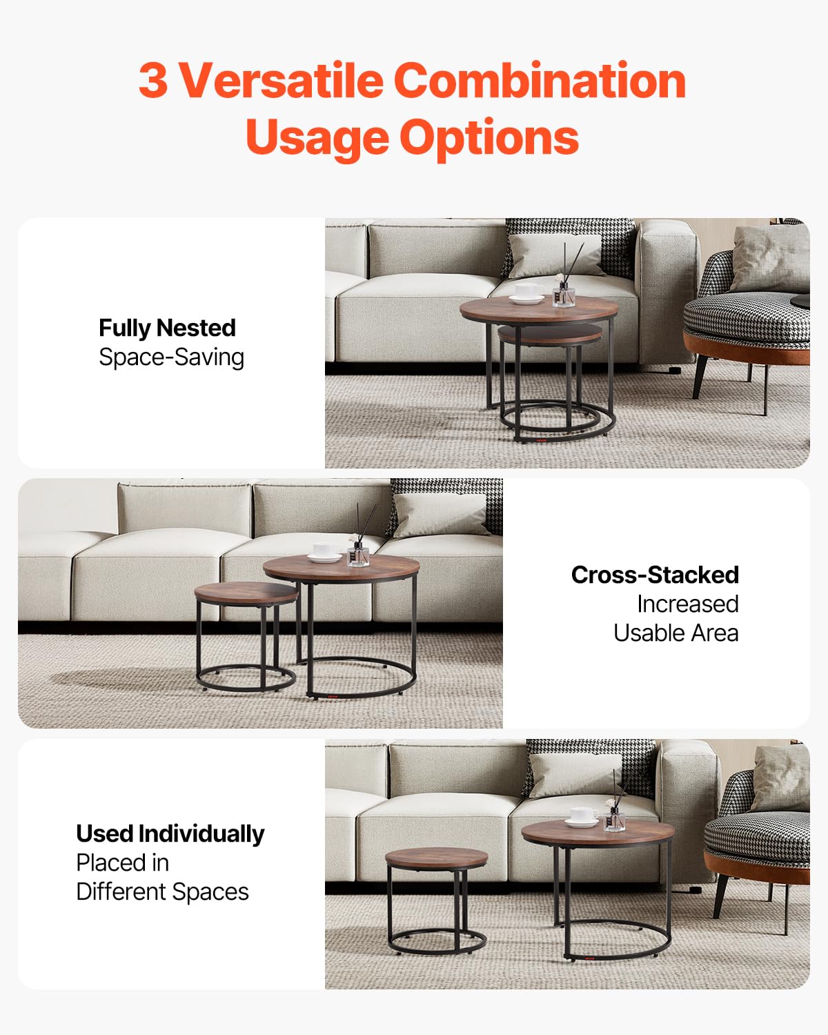 VEVOR Nesting Tables, Coffee Table Set of 2, 23.6 inch Round Coffee Table, Small Coffee Tables Night Stand with Metal Frame, for Living Room, Bedroom, Office (Brown & Black) VEVOR