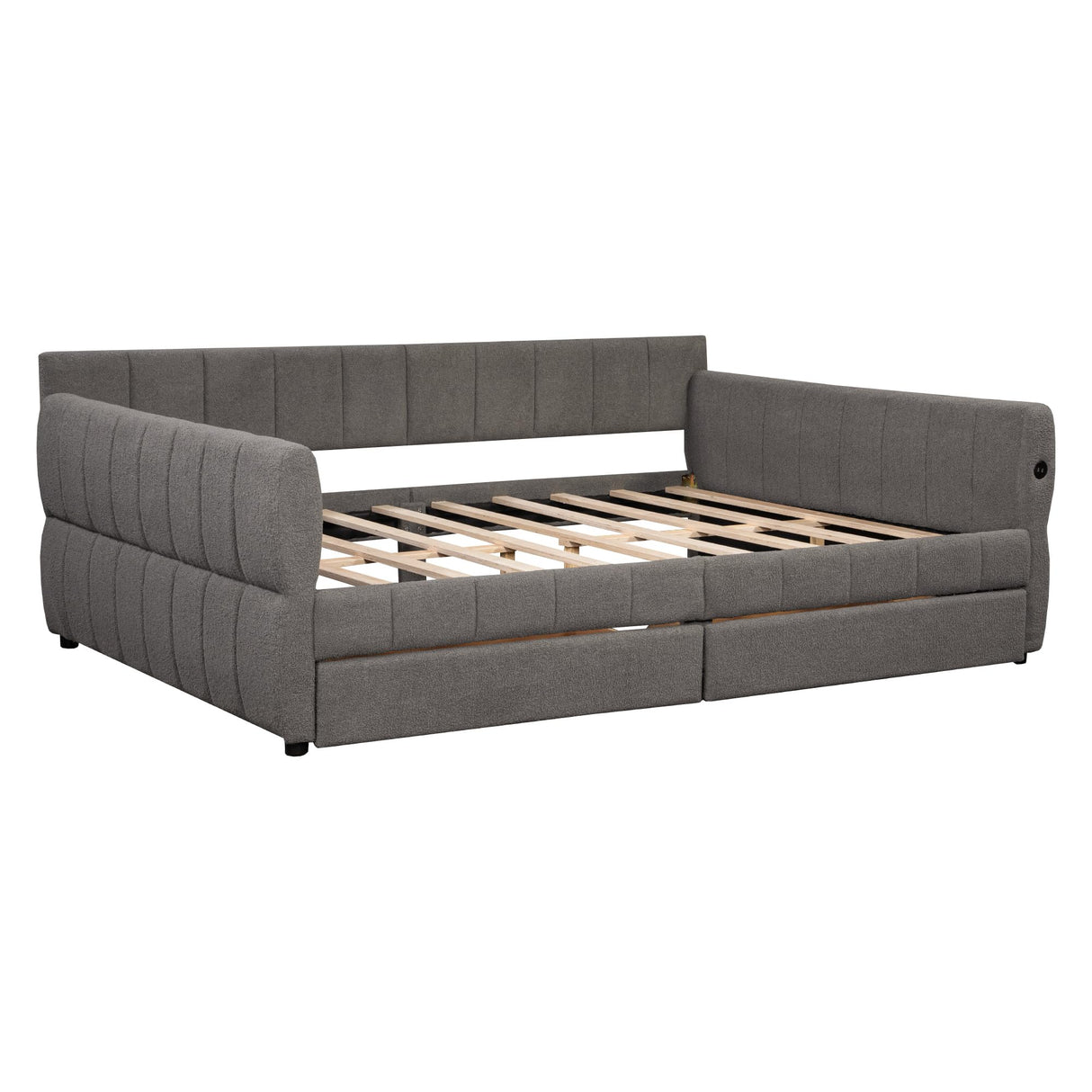 Queen Daybed with USB and 2 Drawers, Upholstered Corner Bed Queen with Storage for Living Room, Gray RuiSiSi