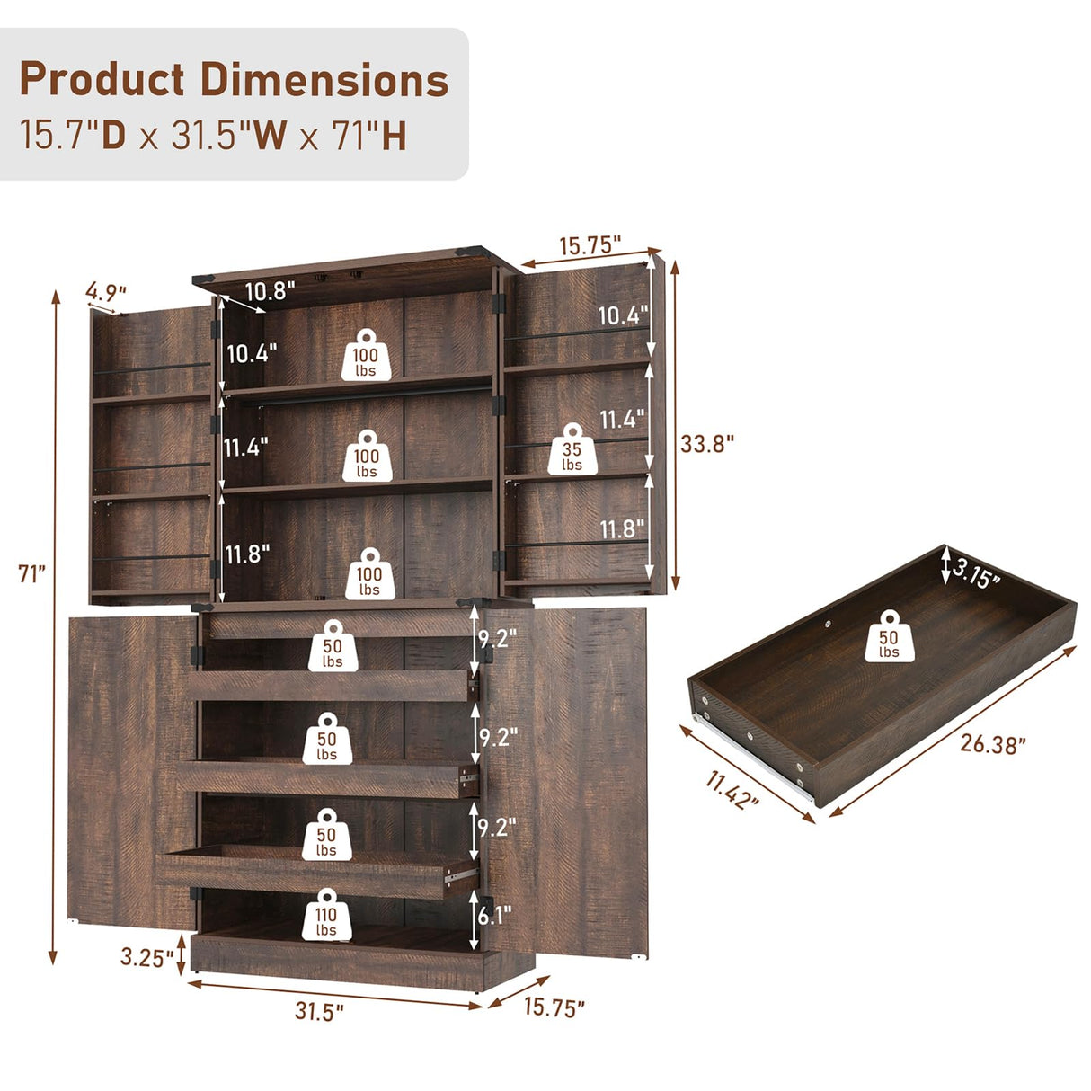 Hlivelood Farmhouse Kitchen Pantry Cabinet with 3 Drawers,71" Tall Rustic Wood Storage Cabinet with 6 Door Shelves,with Load-Bearing Steel Pipe,Pantry Organizers for Kitchen,Dining Room(Brown) Hlivelood