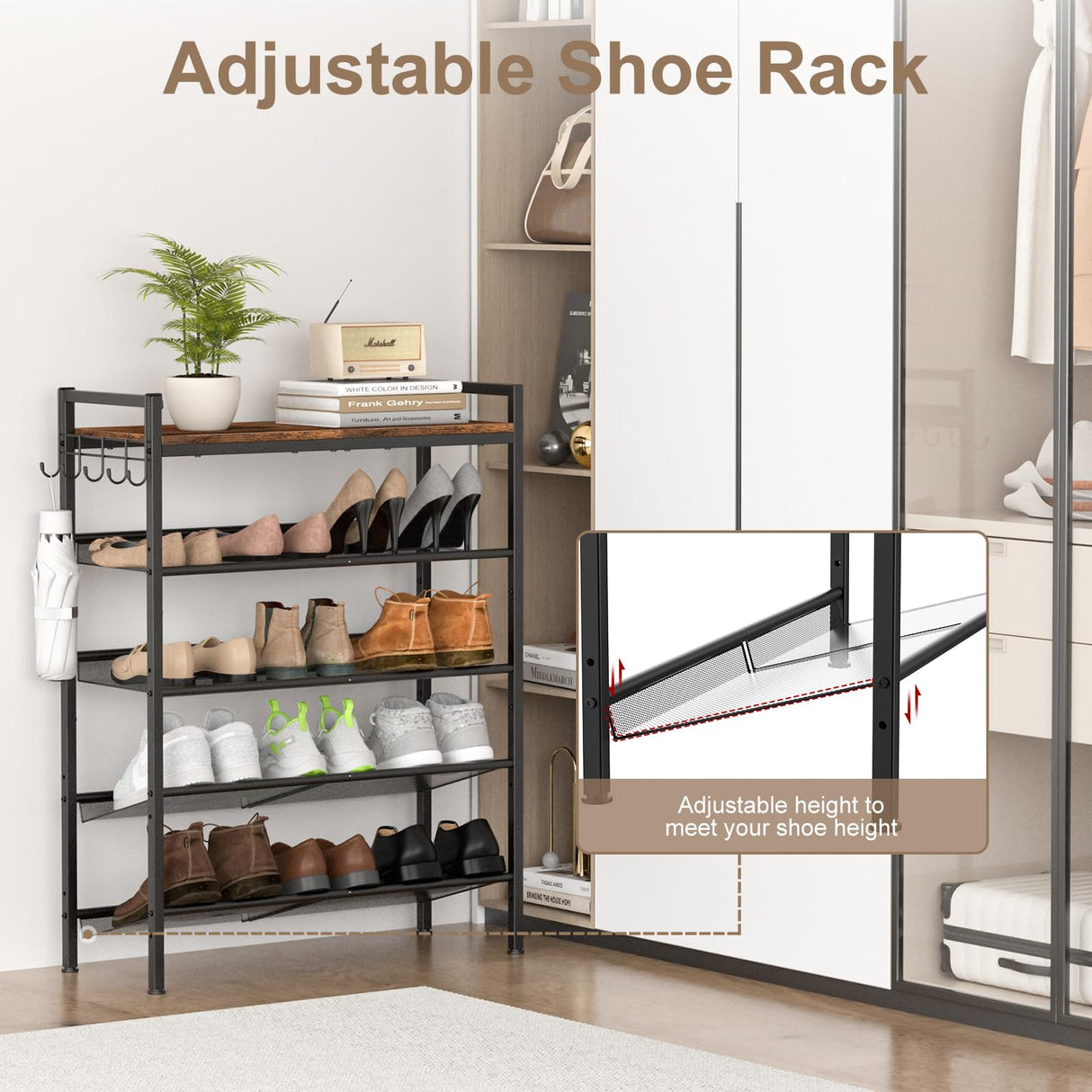 Refrze Shoe Rack for Front Door Entrance, 4 Tier Height-Adjustable Metal Shoe Rack, Sturdy Wooden Top and Tiltable Steel Frame Heavy Duty Shoe Organizer for Bathroom,Bedroom,Kitchen,Include Hook Refrze