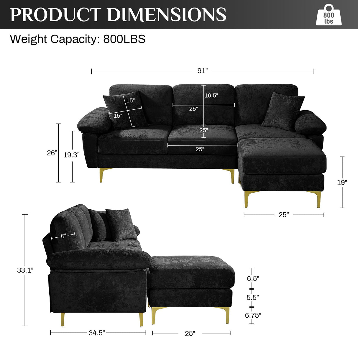 OUYESSIR L Shaped Sectional Sofa Couch, 3 Seat Velvet Sofa with Ottoman and Pillows, Upholstered Comfy Couch Sleeper for Living Room, Bedroom, 91 inches (Black) OUYESSIR