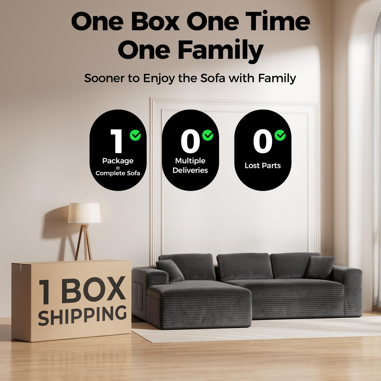 CAMMOO 108” Cloud Sectional Couch in One Box, Compressed Modern Modular Sectional Sofa with Deep Seat, Corduroy Boneless Couches with Chaise, L-Shaped Sofa for Living Room, 4 Storage Pockets(Grey) CAMMOO