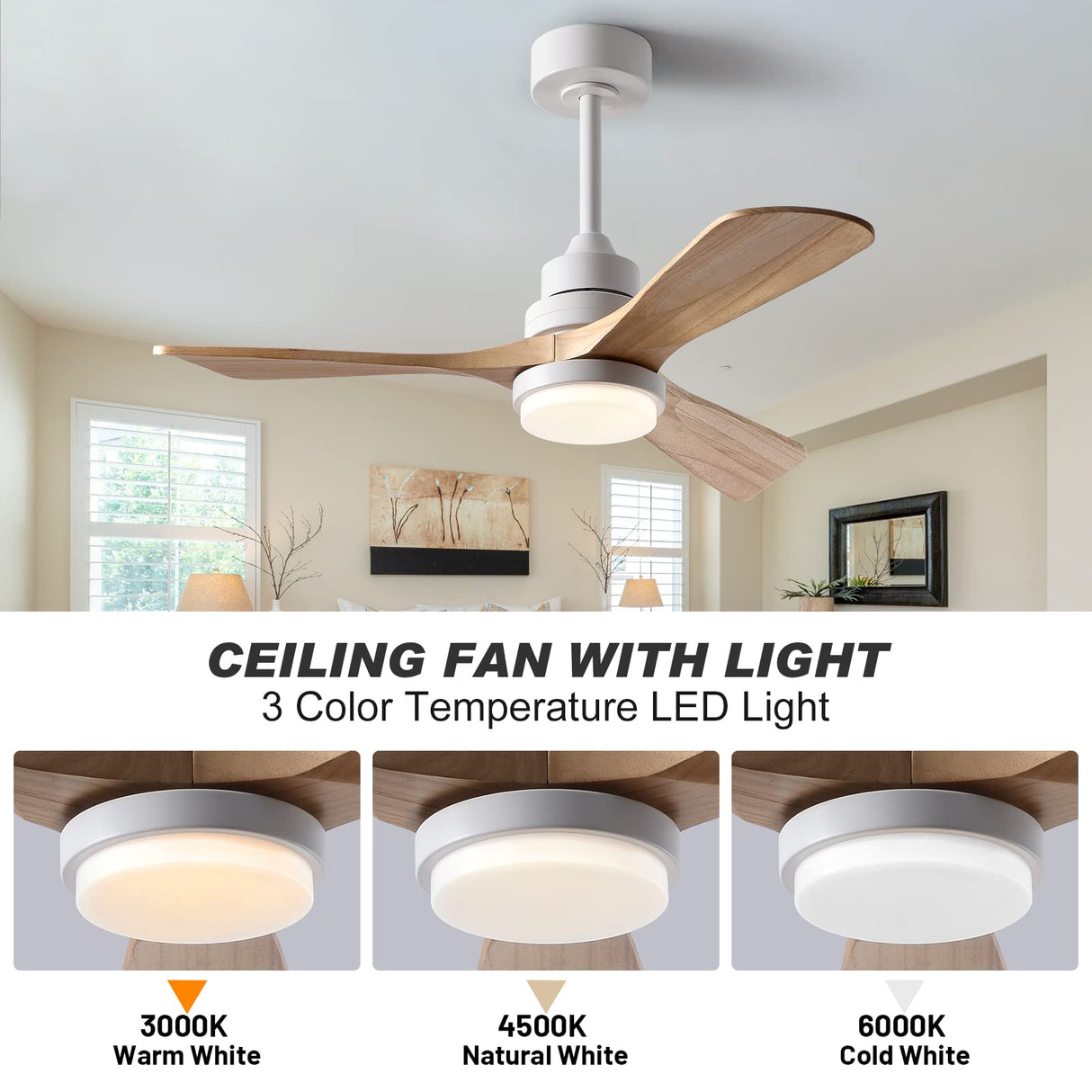 FXZZ 42" Wood Ceiling Fans with Lights and Remote, Quiet Reversible DC Motor and 3 Color LED Light, 3 Blades 6 Speed Ceiling Fan for Farmhouse Living Room Bedroom Dining Room Workroom Study FXZZ