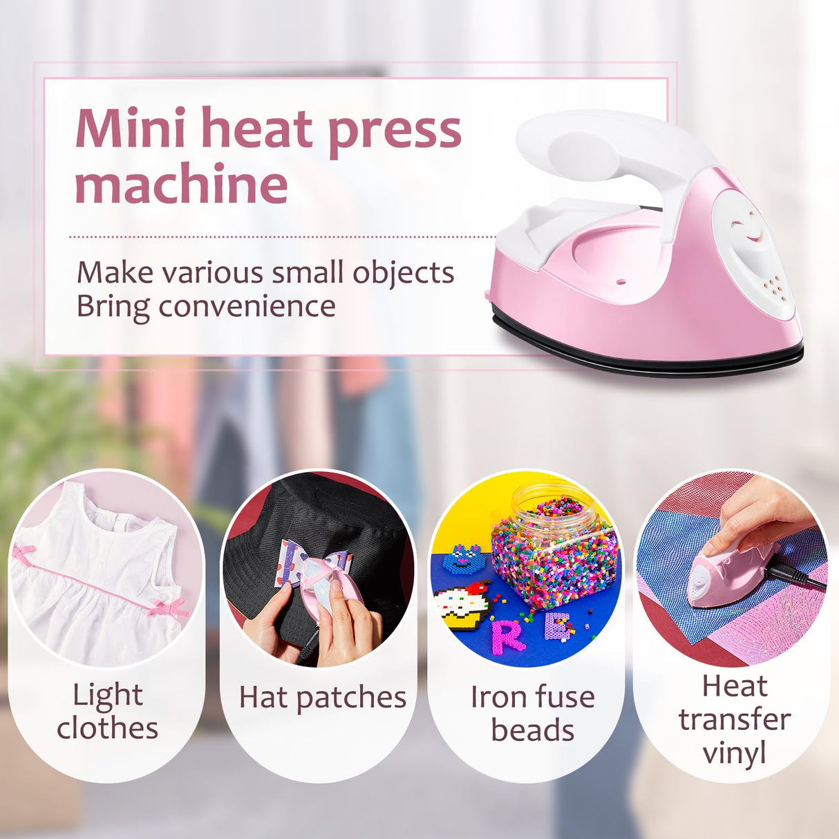 Honoson Mini Craft Iron Mini Heat Press Small Iron Portable Handy Tiny Flatiron with Charging Base Accessories for Fuse Beads Patch DIY Shoes T-Shirts Heat Transfer Vinyl Projects(Light Pink) Honoson