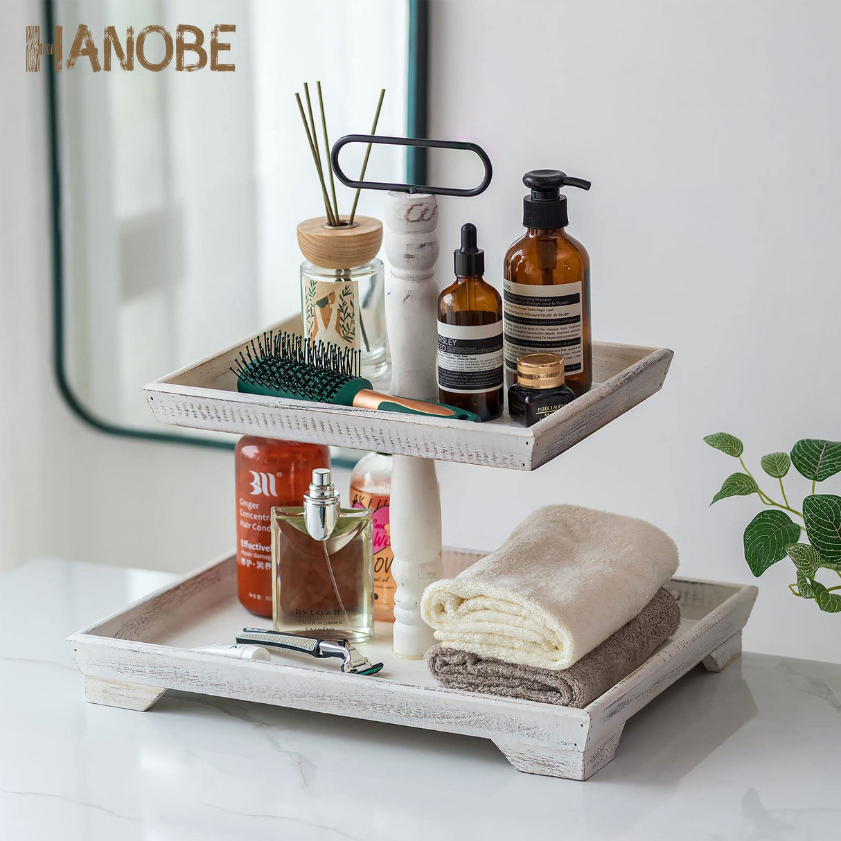 Hanobe Farmhouse Tiered Tray Stand: Rustic White Wood 2 Tier Serving Tray Decor Two Rectangle Wooden for Kitchen Counter Centerpieces Coffee Bar Easter Fall Halloween Thanksgiving Christma Hanobe