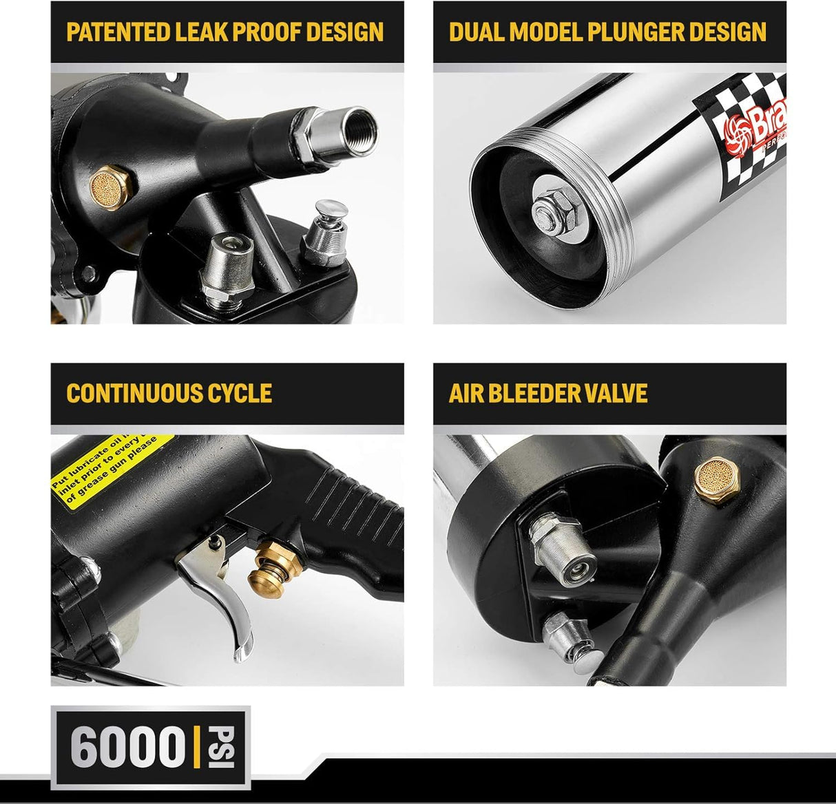 Pneumatic Grease Gun Automatic W/Quick Release Coupler, Continuous Cycle Heavy Duty 6000 PSI Air Compressor Grease Gun with Flex Hose 18 Inch Bravex