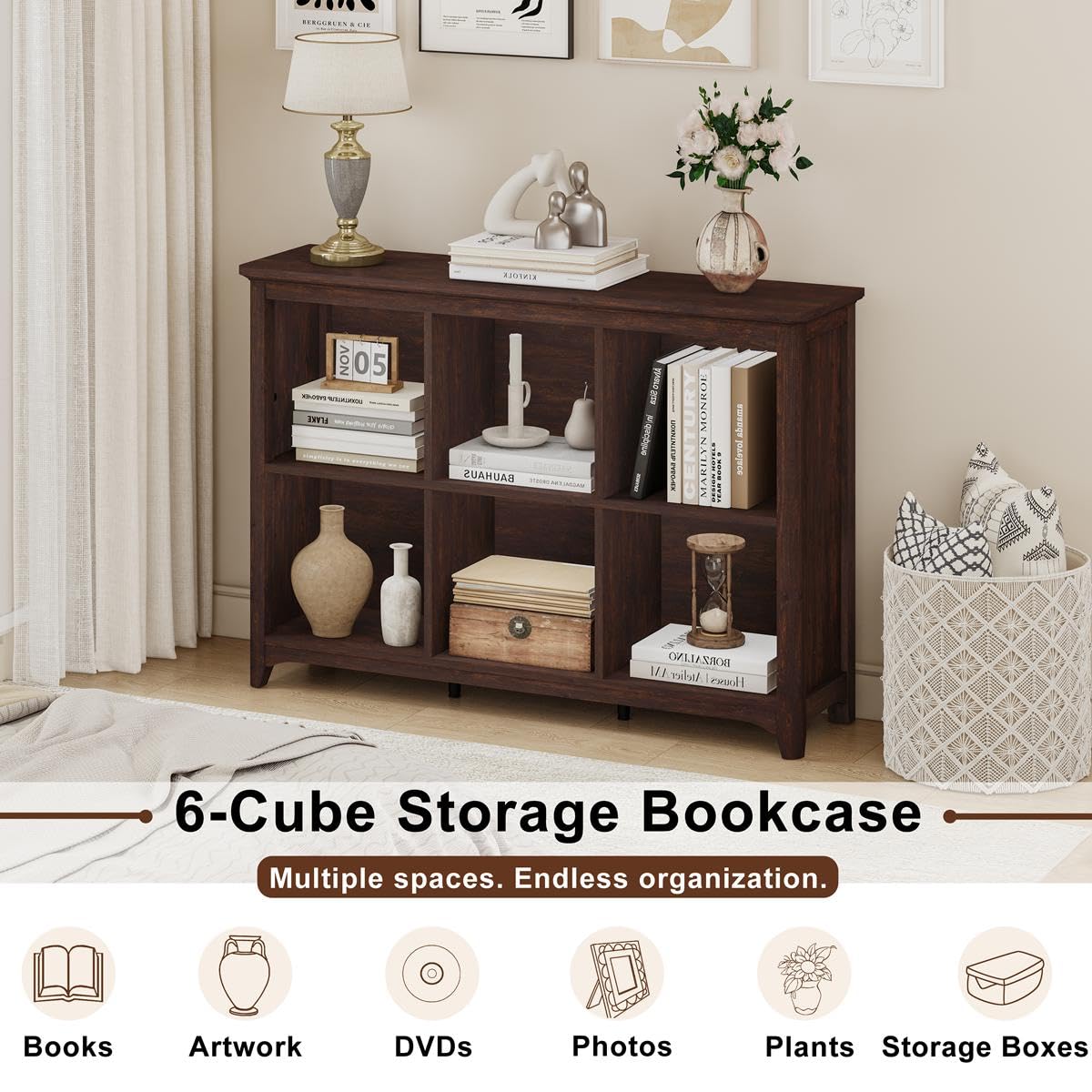 BON AUGURE 6 Cube Storage Bookcase, 43" Wide Horizontal Wooden Bookshelf, Floor Standing Low Book Shelf with Curved Edge for Living Room, Office - Brown Cherry BON AUGURE