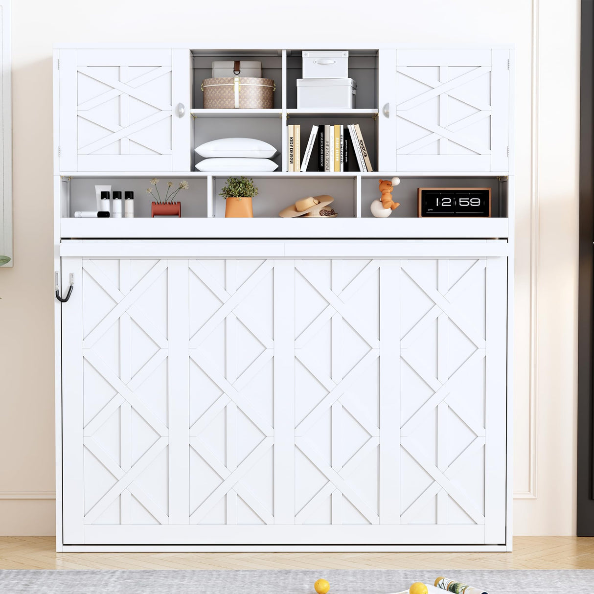 Merax Queen Size Murphy Bed Wall Bed with Top Cabinets and Shelves, Space-Saving Design Foldable Platform Bed Frame, Multifunctional Bed for Bedroom, Guest Room, Home Office, White (Diamond Stripes) Merax