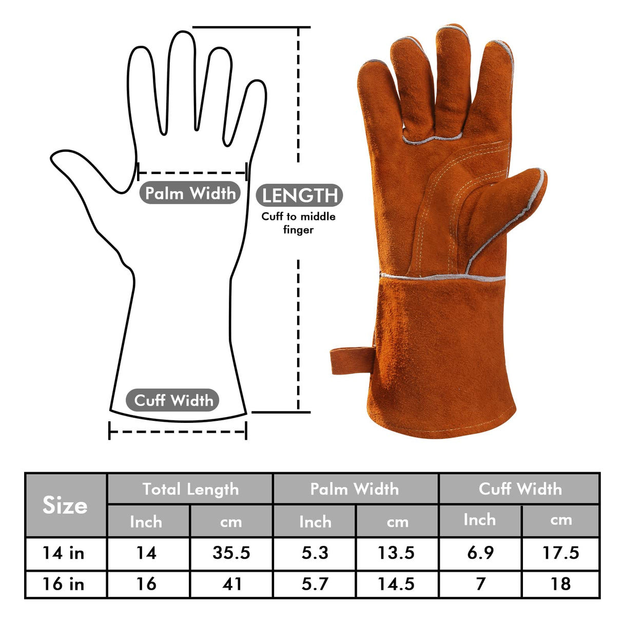 QeeLink Welding Gloves - Heat/Fire Resistant Lined Leather and Fireproof Stitching-Fireplace/BBQ/Gardening for Men or Women (14-inch, Brown) QeeLink