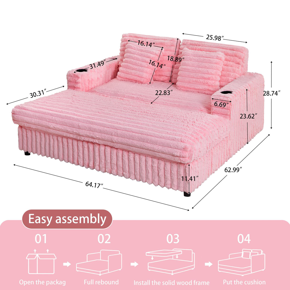 RARZOE 64'' Oversized Chaise Lounge Chair Indoor, Plush Faux Rabbit Fur Sleeper Sofa Bed with 4 Pillows, Charging Station & Cup Holders, Fluffy Comfy Cloud Couch Loveseat Sofa for Living Room,Pink RARZOE